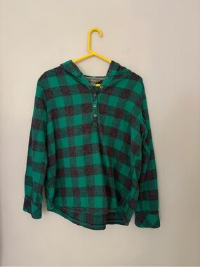 Natural Reflections Hooded Buffalo Plaid Flannel Henley Pullover Green Black XL